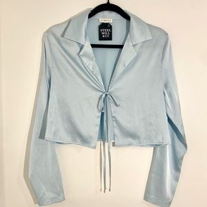 Satin Tie Front Long Sleeve Cropped Blouse